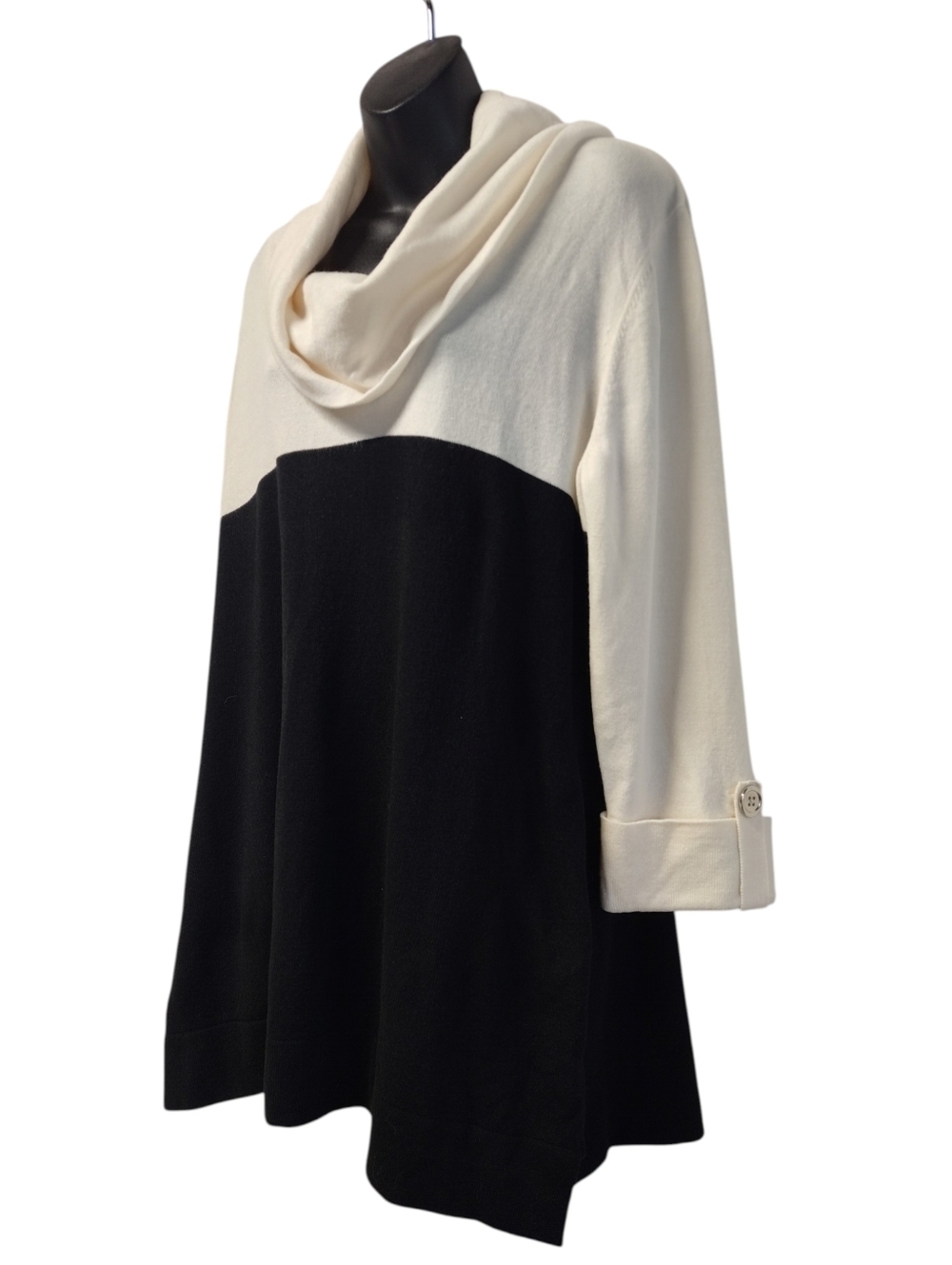 NWT JM Collection Cozy Yarn Black Cream Cowl Neck Sweater Size L 3/4 Tab Sleeve - Picture 3 of 8